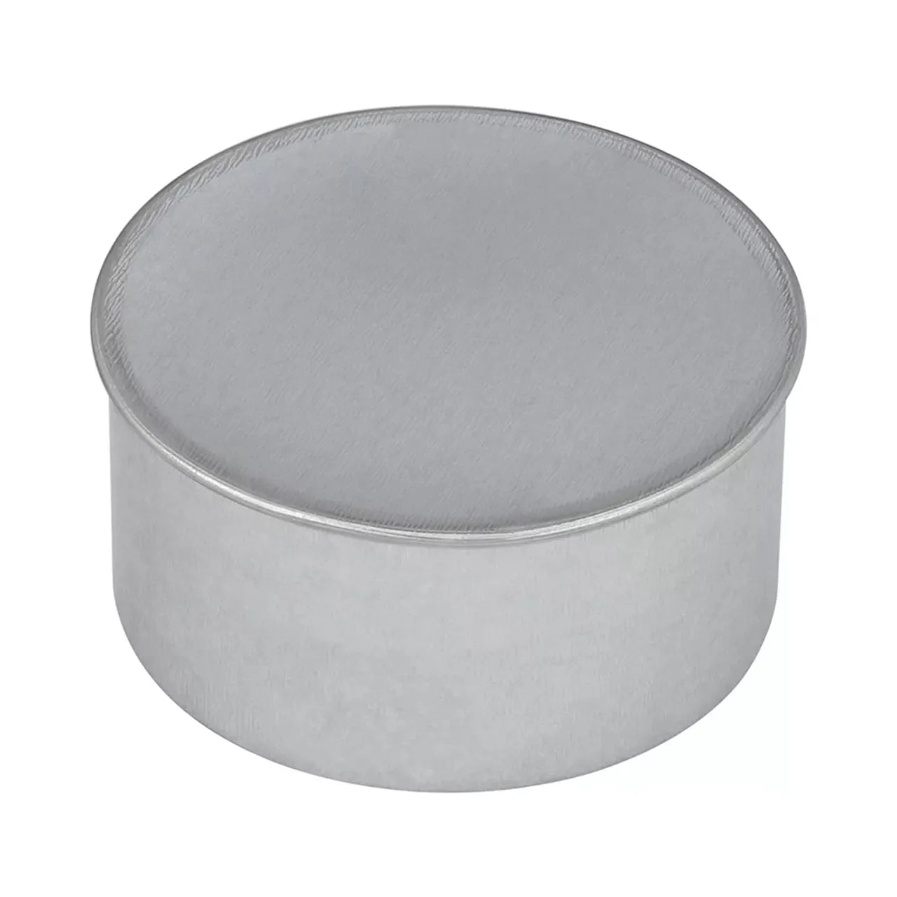 The Go Build 4 in. Round Duct Cap No Crimp, made of silver-colored galvanized steel with straight sides and a flat base, is shown against a white background.